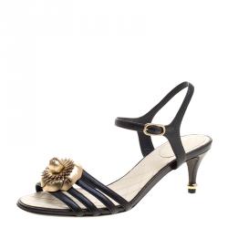 Chanel Black Leather Floral Embellished Ankle Strap Sandals Size 38.5