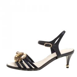 Chanel Black Leather Floral Embellished Ankle Strap Sandals Size 38.5
