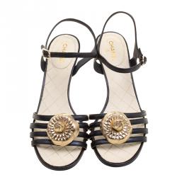 Chanel Black Leather Floral Embellished Ankle Strap Sandals Size 38.5