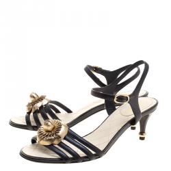 Chanel Black Leather Floral Embellished Ankle Strap Sandals Size 38.5
