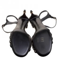 Chanel Black Leather Floral Embellished Ankle Strap Sandals Size 38.5