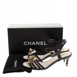 Chanel Black Leather Floral Embellished Ankle Strap Sandals Size 38.5