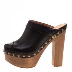 Pre Owned Chanel Black Leather Platform Wooden Clogs Size 40
