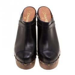 Pre Owned Chanel Black Leather Platform Wooden Clogs Size 40