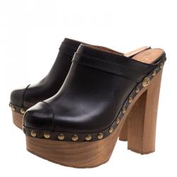 Pre Owned Chanel Black Leather Platform Wooden Clogs Size 40