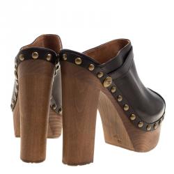 Pre Owned Chanel Black Leather Platform Wooden Clogs Size 40