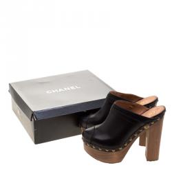 Pre Owned Chanel Black Leather Platform Wooden Clogs Size 40