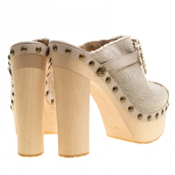 Chanel Beige Raffia Faux Pearl Enamel Embellished Platform Clogs Size 41