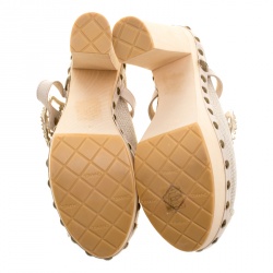Chanel Beige Raffia Faux Pearl Enamel Embellished Platform Clogs Size 41