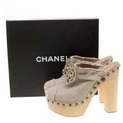 Chanel Beige Raffia Faux Pearl Enamel Embellished Platform Clogs Size 41