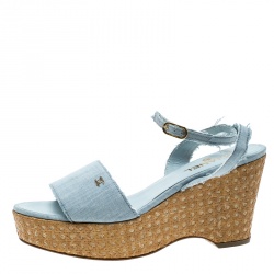 Chanel Powder Blue Canvas CC Wedge Sandals Size 41