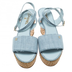 Chanel Powder Blue Canvas CC Wedge Sandals Size 41