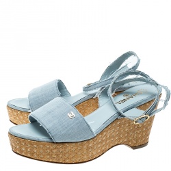 Chanel Powder Blue Canvas CC Wedge Sandals Size 41