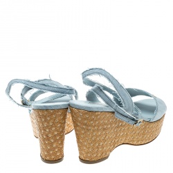 Chanel Powder Blue Canvas CC Wedge Sandals Size 41