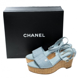 Chanel Powder Blue Canvas CC Wedge Sandals Size 41