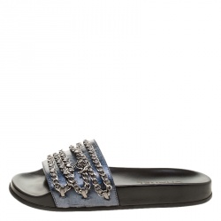 مملوكة مسبقًا Chanel Dark Blue Glitter Finish Leather Tropiconic Chain Detail Slides Size 37