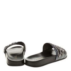 مملوكة مسبقًا Chanel Dark Blue Glitter Finish Leather Tropiconic Chain Detail Slides Size 37