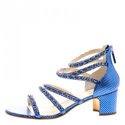مملوكة مسبقًا صندل شانيل جلد أزرق ميتاليك مطبوع بسلسلة مزينة كعب مربع سميك بسيور مقاس 42