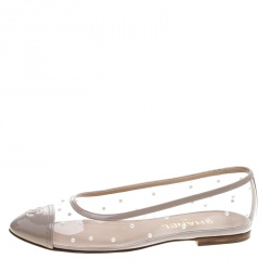 Chanel Beige Patent Leather and Clear Vinyl Pearl Studded CC Ballet Flats Size 38