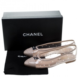 Chanel Beige Patent Leather and Clear Vinyl Pearl Studded CC Ballet Flats Size 38