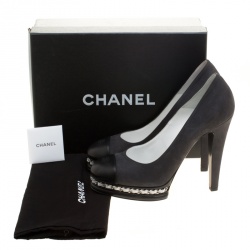 Pre Owned Chanel Two Tone Suede and Leather CC Cap Toe Chain Detail Platform Pumps Size 41