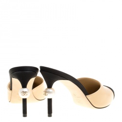Chanel Beige/Black Leather and Canvas CC Faux Pearl Embellished Heel Slip On Mules Size 35
