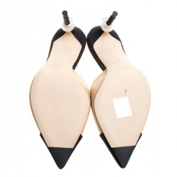 Chanel Beige/Black Leather and Canvas CC Faux Pearl Embellished Heel Slip On Mules Size 35