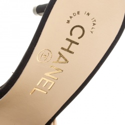Chanel Beige/Black Leather and Canvas CC Faux Pearl Embellished Heel Slip On Mules Size 35