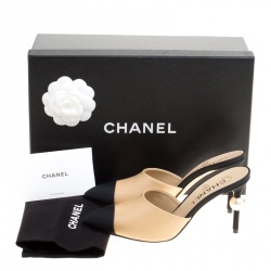 Chanel Beige/Black Leather and Canvas CC Faux Pearl Embellished Heel Slip On Mules Size 35