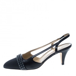 Pre Owned Chanel Black Leather and Fabric Sling Back Sandals Size 40