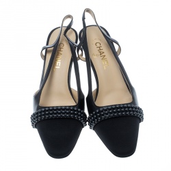 Pre Owned Chanel Black Leather and Fabric Sling Back Sandals Size 40