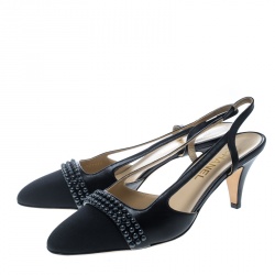 Pre Owned Chanel Black Leather and Fabric Sling Back Sandals Size 40