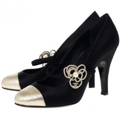 Pre Owned Chanel Black Satin Pearl Flower Mary Jane Pumps Size 37