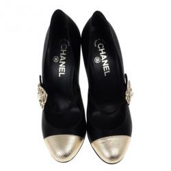 Pre Owned Chanel Black Satin Pearl Flower Mary Jane Pumps Size 37