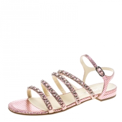 Pre Owned Chanel Metallic Pink Polka Dot Print Leather Chain Detail Ankle Strap Flat Sandals Size 41
