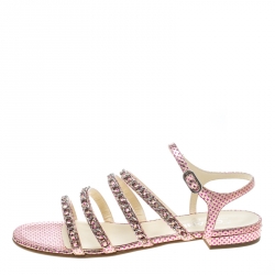Pre Owned Chanel Metallic Pink Polka Dot Print Leather Chain Detail Ankle Strap Flat Sandals Size 41