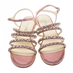 Pre Owned Chanel Metallic Pink Polka Dot Print Leather Chain Detail Ankle Strap Flat Sandals Size 41