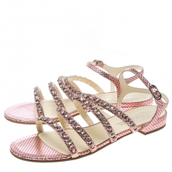 Pre Owned Chanel Metallic Pink Polka Dot Print Leather Chain Detail Ankle Strap Flat Sandals Size 41