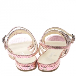 Pre Owned Chanel Metallic Pink Polka Dot Print Leather Chain Detail Ankle Strap Flat Sandals Size 41