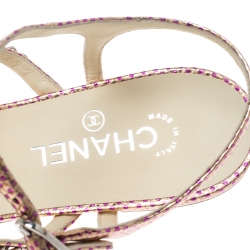 Pre Owned Chanel Metallic Pink Polka Dot Print Leather Chain Detail Ankle Strap Flat Sandals Size 41