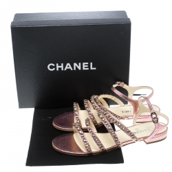 Pre Owned Chanel Metallic Pink Polka Dot Print Leather Chain Detail Ankle Strap Flat Sandals Size 41