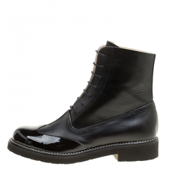 Chanel Black Leather Wing Tip Detail CC Lace Up Platform Ankle Boots Size 37.5