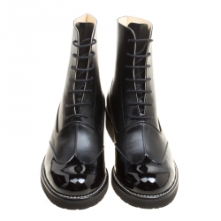 Chanel Black Leather Wing Tip Detail CC Lace Up Platform Ankle Boots Size 37.5