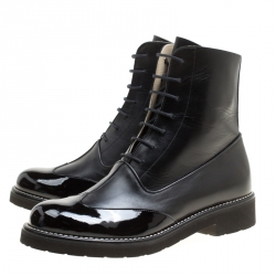 Chanel Black Leather Wing Tip Detail CC Lace Up Platform Ankle Boots Size 37.5