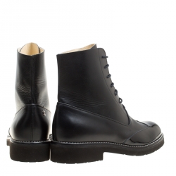 Chanel Black Leather Wing Tip Detail CC Lace Up Platform Ankle Boots Size 37.5