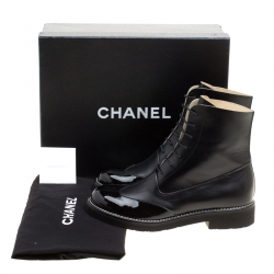 Chanel Black Leather Wing Tip Detail CC Lace Up Platform Ankle Boots Size 37.5