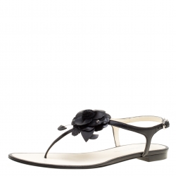 Chanel Black Leather Camellia Flat Thong Sandals Size 38 Chanel | TLC