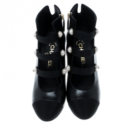 Chanel Black Leather Faux Pearl CC Fabric Cap Toe Booties Size 37