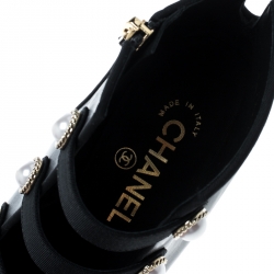 Chanel Black Leather Faux Pearl CC Fabric Cap Toe Booties Size 37