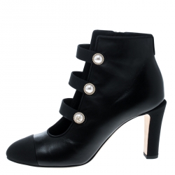 Chanel Black Leather Faux Pearl CC Fabric Cap Toe Booties Size 37